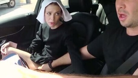 Slutty dark haired nun gives steamy deep throat to her friend in car