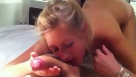 My horny blonde bride enjoys sucking my wang in a hotel room