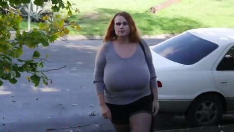 Amazing huge tits fighting under her tight pullover